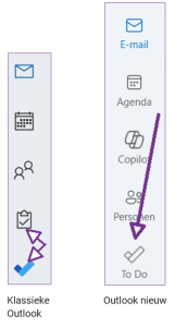 Screenshot van ToDo en taken in zowel de klassieke als de nieuwe Outlook.