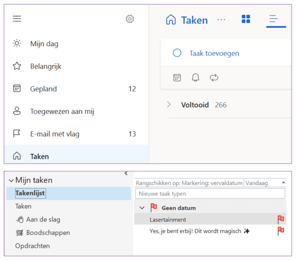 screenshots van Todo en Taken (onder elkaar)