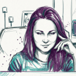 illustratie van een vrouw die achter haar laptop zit en richting het scherm kijkt.