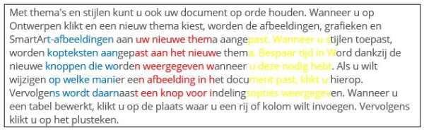 tekst waarop 3 vierkante blokken zijn gekleurd in blauw, rood en geel.