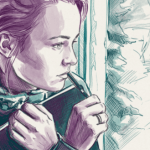 illustratie van eene jonge vrouw met een pen tegen haar lip en notebook in de hand die door het raam naar buiten kijkt.