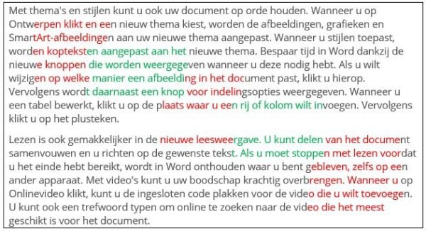 tekst met rode en groene blokken die over elkaar heen lopen. Het groen komt bovenop het rood.