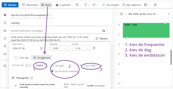 Screenshot hoe je een terugkerende afspraak maakt.