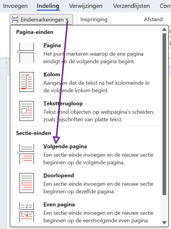 screenshot hoe je een pagina-einde via het lint invoegt.