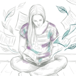 illustratie van een vrouw, zittend op de grond die een boek leest. Om haar heen dwarrelen de bladeren.