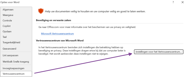 Screenshot van de opties in Word waar je het vertrouwenscentrum kunt vinden.