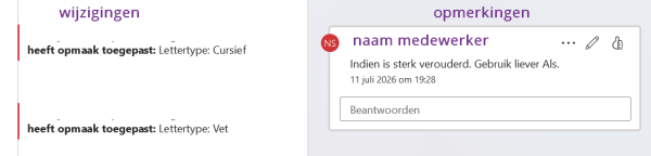 Screenshot van 2 wijzigingen en een opmerking.