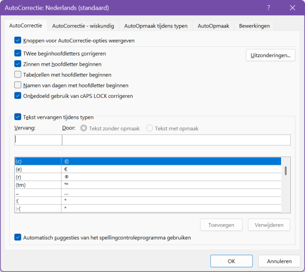 Screenshot van het tabblad AutoCorrectie Nederlands.