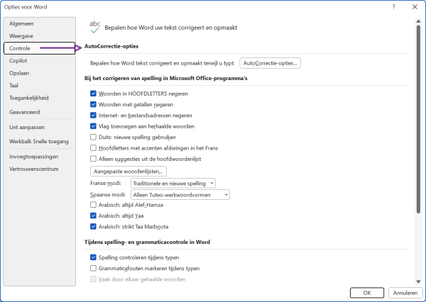 Screenshot van het tabblad Controle.