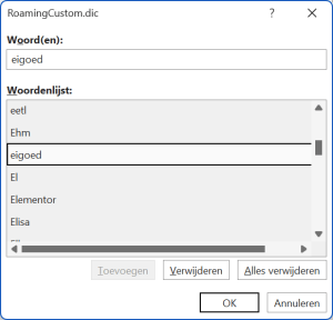 Screenshot van de eigen woordenlijst waarbij een verkeerd woord is toegevoegd.