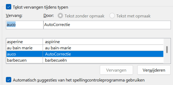 Screenshot hoe ik auco laat vervangen door AutoCorrectie.