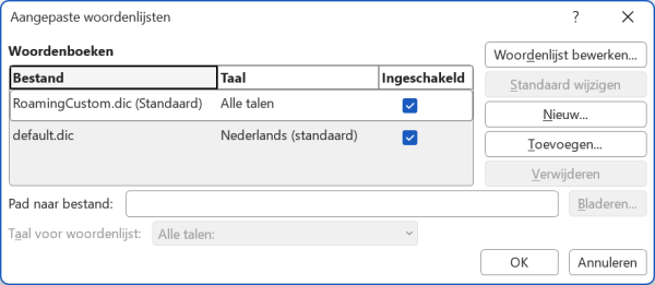 Screenshot die de aangepaste woordenlijsten laat zien.
