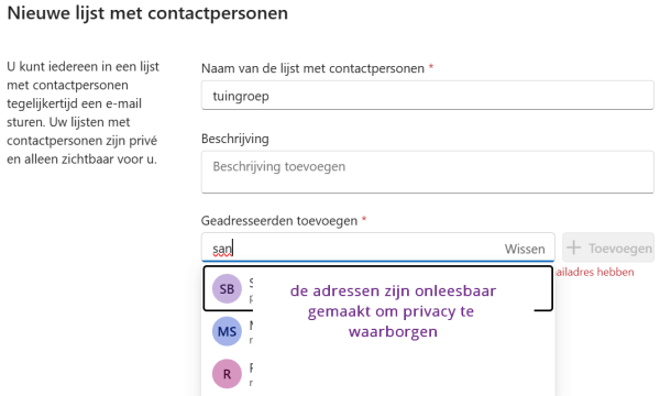 screenshot hoe je e-mailadressen toevoegt aan de lijst.