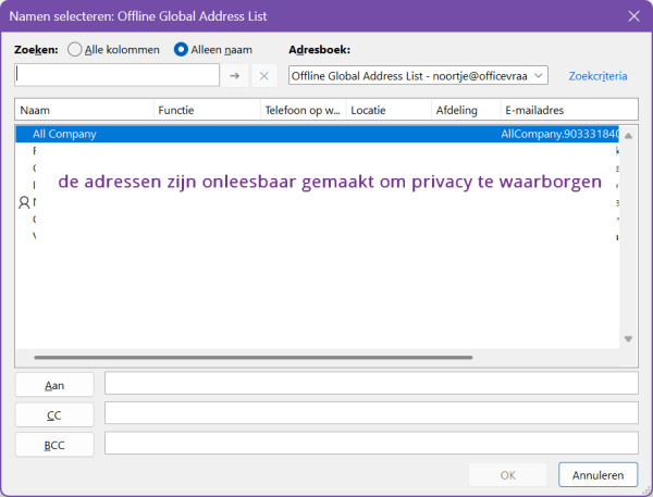 Screenshot van het BCC-veld in de klassieke Outlook.