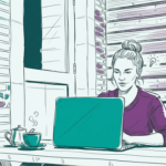 illustratie van een vrouw achter de laptop aan een tuintafel met een kop koffie.