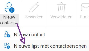 screenshot van de knop Nieuwe lijst contactpersonen.