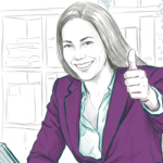 illustratie van een lachende vrouw die haar duim opsteekt als pluim.