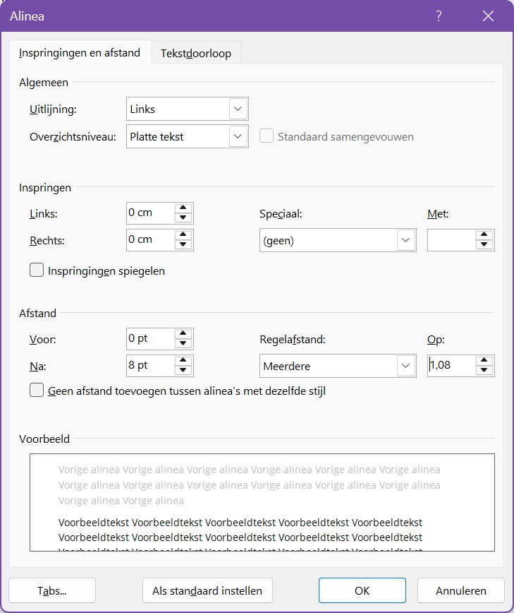 screenshot van het dialoogvenster alinea waarin je verfijningen kunt aanbrengen.