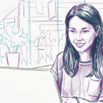 illustratie van een vrouw die lachend achter haar laptop zit.