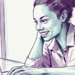illustratie van een vriendelijk lachende vrouw. Ze heeft haar linkerhand op de laptop, haar rechterelleboog rust op het bureau.