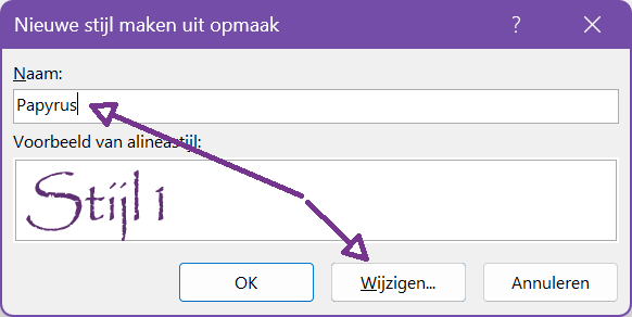 Screenshot die laat zien waar je een naam geeft aan een stijl en de knop Wijzigen in dat venster.