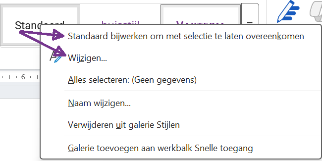 Screenshot waar je een bestaande stijl kunt wijzigen.