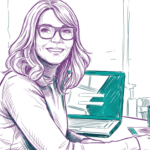 illustratie van een vrouw die naar je kijkt, haar laptop staat achter haar.