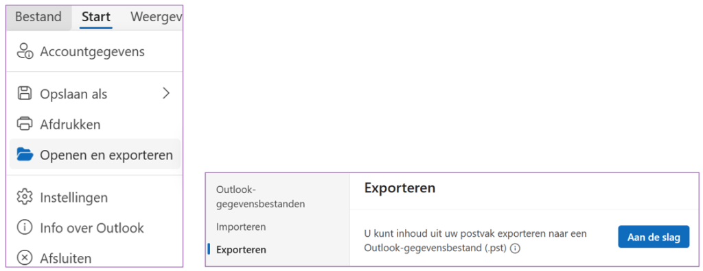 Screenshot in de nieuwe Outlook dat toont dat je via Bestand > Openen een back-up kunt maken.