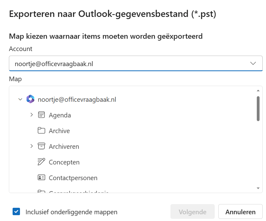 Screenshot van wat je wilt exporteren in de nieuwe Outlook.