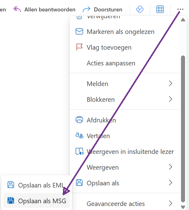 Screenshot van het opslaan van een bericht in de nieuwe Outlook.