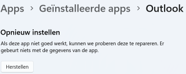 Screenshot toont de instellingen van Windows waar je de app kunt laten herstellen.