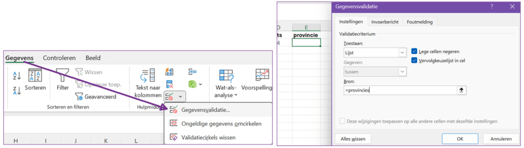 screenshot waar je gegevensvalidatie opent en wat je invult (lijst en de naam van de lijst met het =teken ervoor).