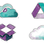 illustratie van respectievelijk OneDrive, Drive, Dropbox en iCloud
