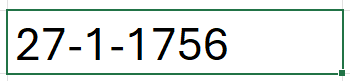 screenshot van de cel met 27-1-1756 - tekst die links uitgelijnd is.