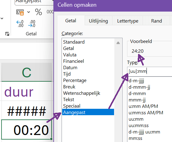 Door de celeigenschappen te openen en naar de categorie Aangepast te gaan, kun je blokhaken rond uu zetten, waardoor de berekening wordt aangepast.