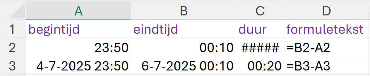 screenshot waarbij de datum naast de tijd in de cel staat.
