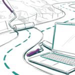 illustratie van een kronkelige weg met daaroverheen een zelf geschilderde weg en een laptop.