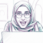 illustratie van een blij gezicht, toevallig met hoofddoek, boven een laptop