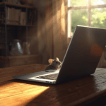 Een laptop op een tafel, een muisje komt nieuwsgierig kijken wat er te zien is. Het zonlicht wordt door het raam gefilterd.