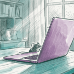 Een laptop op een tafel, een muisje komt nieuwsgierig kijken wat er te zien is. Het zonlicht wordt door het raam gefilterd. Illustratie