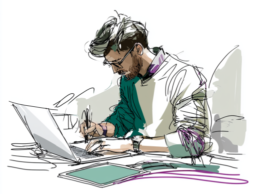 Een man van begin 30, werkend achter zijn laptop
