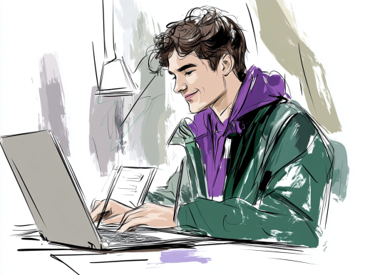 Jonge gast met nette hoodie kijkt naar zijn laptop