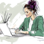 Vrouw, tegen de vijftig, houdt aantekeningen bij achter haar laptop.