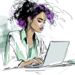 Een jonge Afro-Amerikaanse vrouw leest op haar laptop