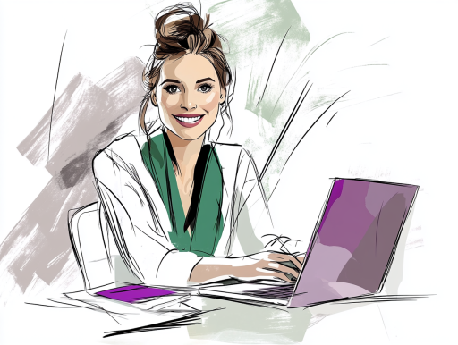Een zelfverzekerde vrouw van begin 20 kijkt vanaf haar laptop.