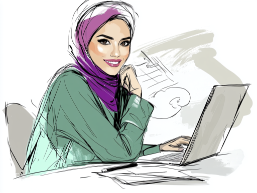 Jonge vrouw met hoofddoek die zelfverzekerd achter haar laptop zit.
