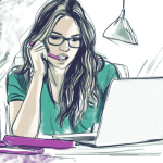 Vrouw, achter in de 20 met lang haar houdt haar potlood tegen haar lip terwijl ze op de laptop kijkt.