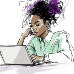 Een jonge Afro-Amerikaanse vrouw die met één hand op haar laptop werkt.