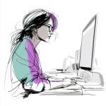 Brildragende vrouw, begin 40 kijkt op haar monitor.