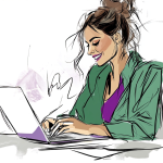 Een vrolijk lachende vrouw werkt op haar laptop